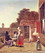 Pieter de Hooch Hof mit zwei Offizieren und trinkender Frau painting